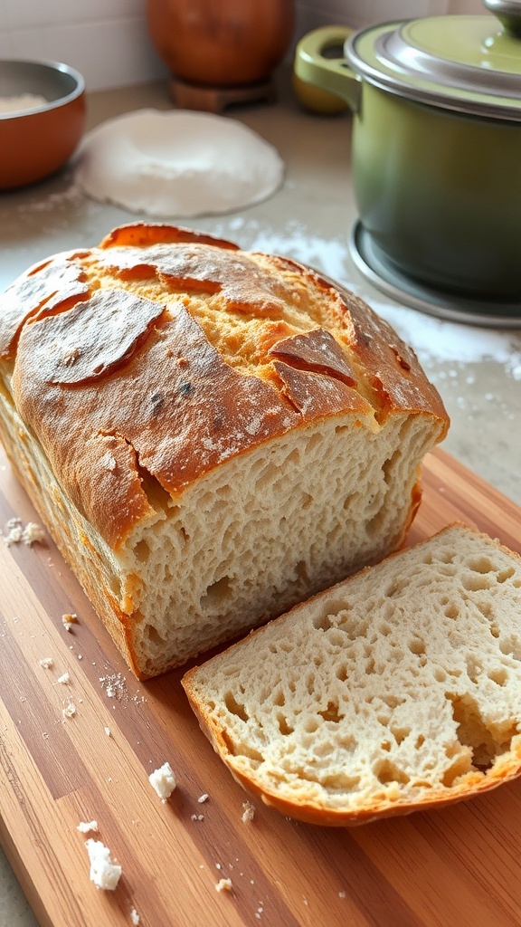 A rustic loaf of artisan bread with a golden crust and soft interior, displayed on a wooden board.